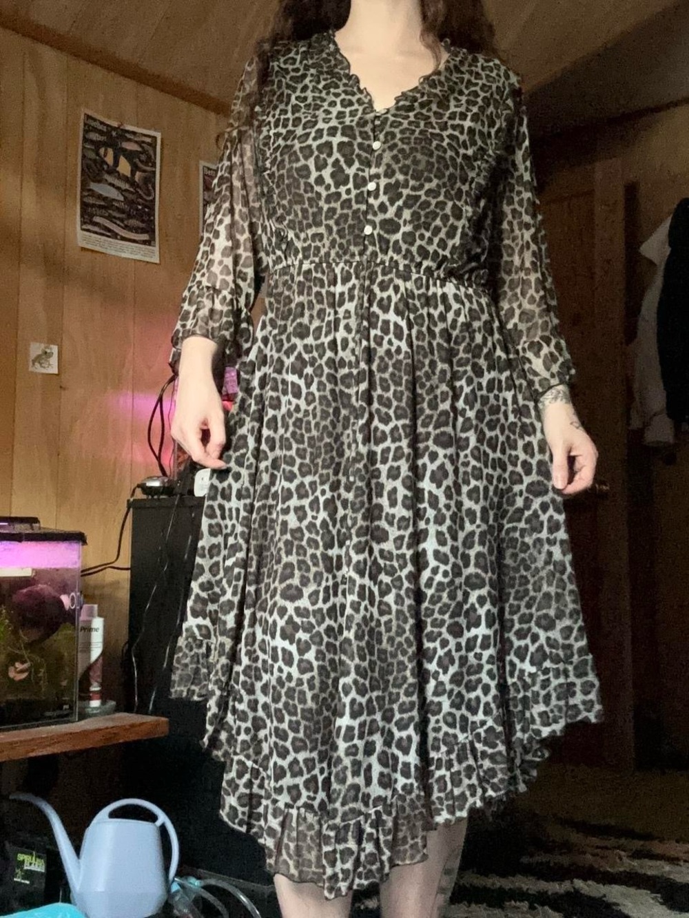 Whimsygoth Ruffled Asymmetrical Cheetah Leopard Print Layered Midi Dress